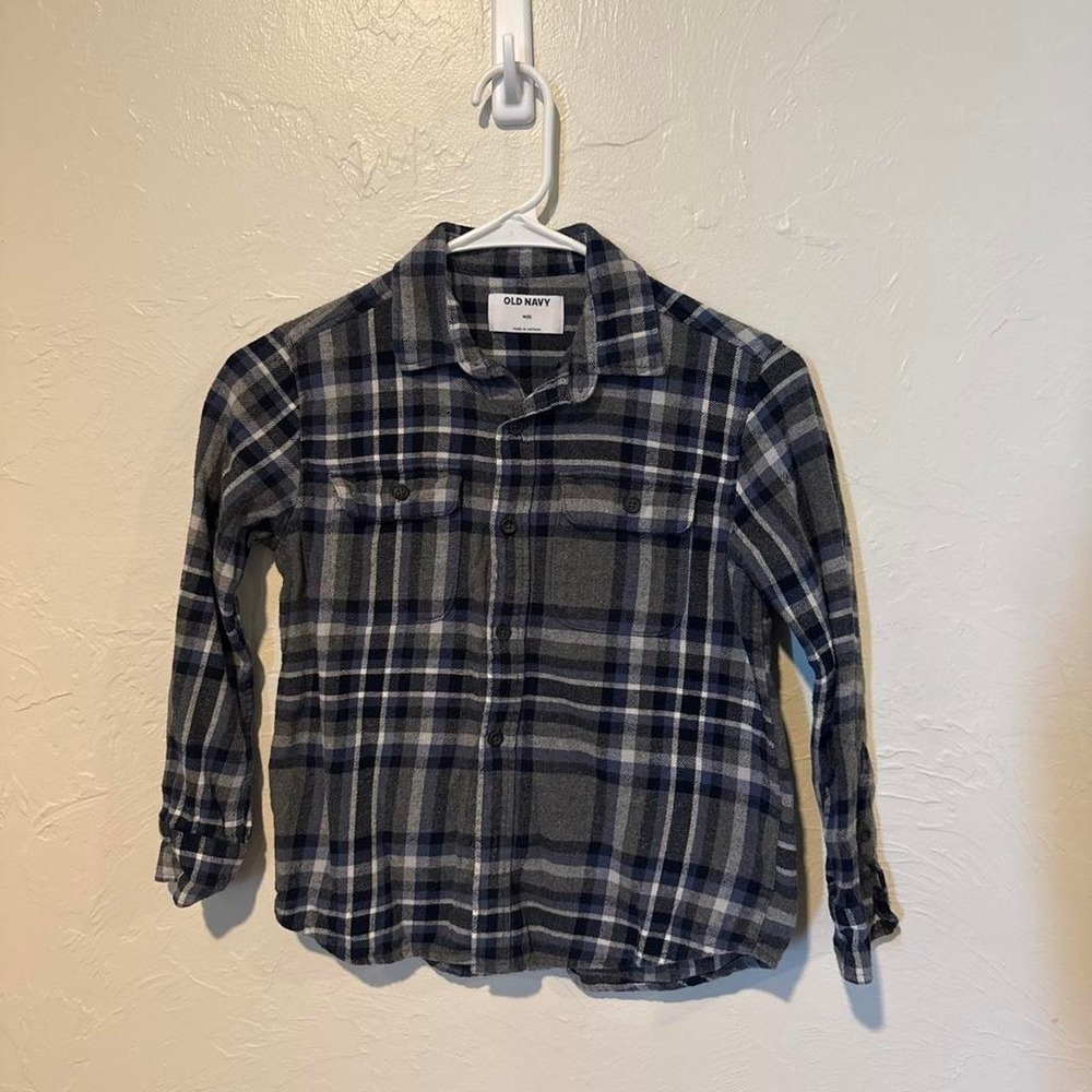 Old Navy Boys Medium M 8 Blue Gray Plaid Flannel Button Down Shirt